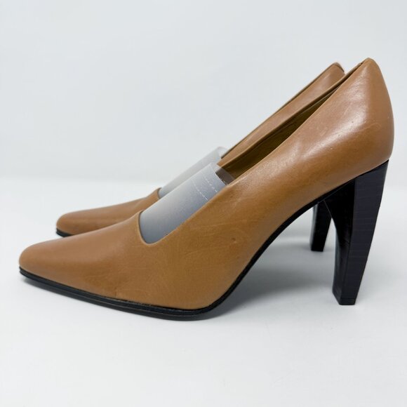 Vintage 90s Calvin Klein Camel Tan Leather Pointy Toe Pumps Size 8 Made in Spain - Picture 3 of 12